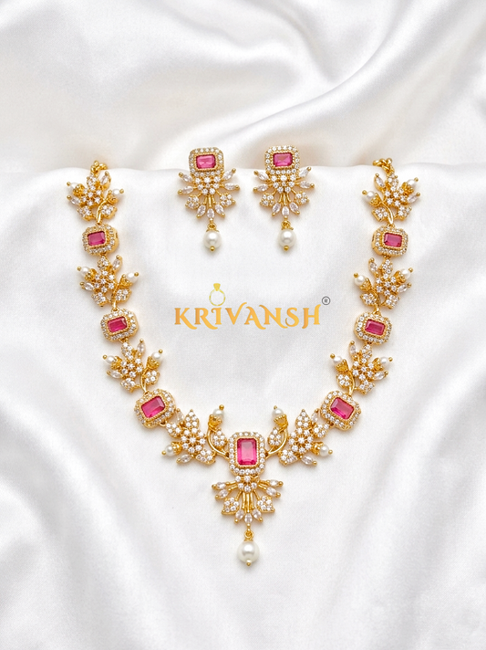 Pink AD Stone Necklace Set | Gold Plated AD Stone Jewelry for Women