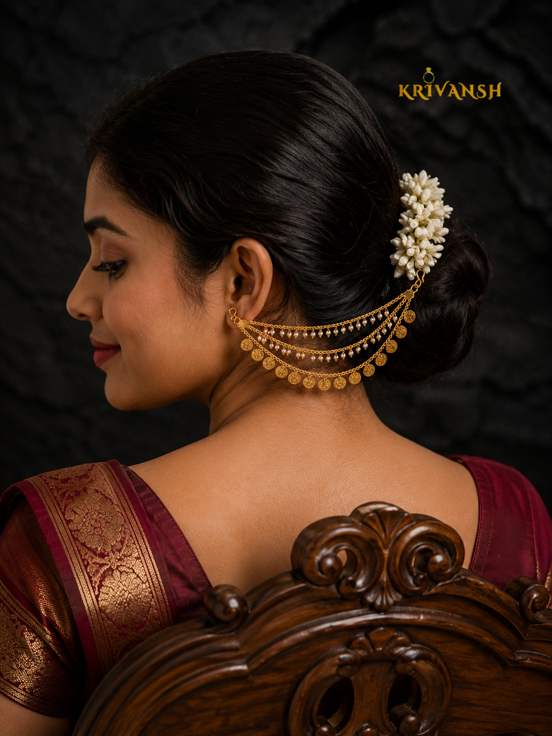 3-Layered Pearl Laxmidevi Coin Ear Chain Mattal | Gold-Plated Bridal Earrings | KRIVANSH