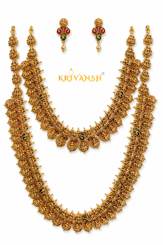 Matte Gold Plated Laxmi Coin LongHar Combo Set | KRIVANSH