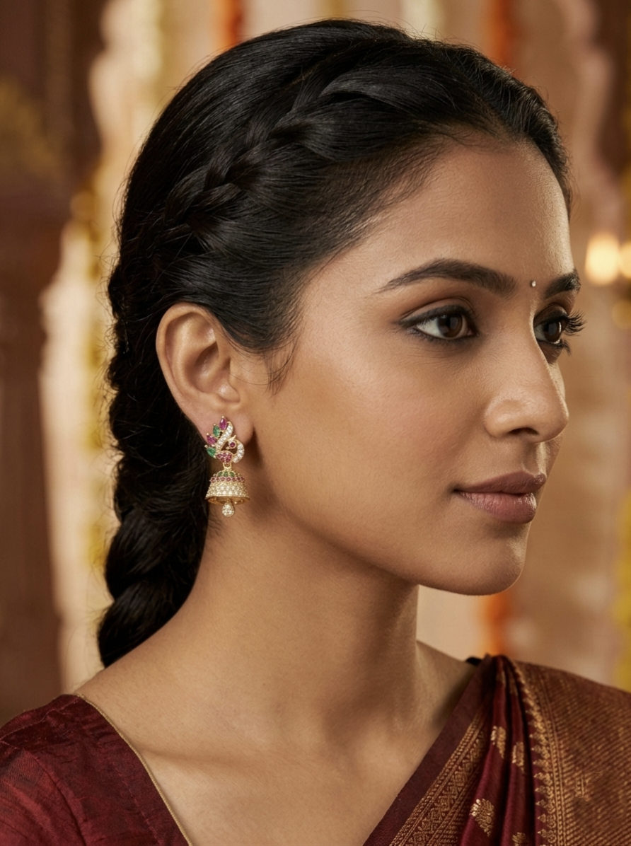 A woman in profile wearing ornate traditional earrings with gold-toned bells and pink gemstone accents, against a warm blurred background.