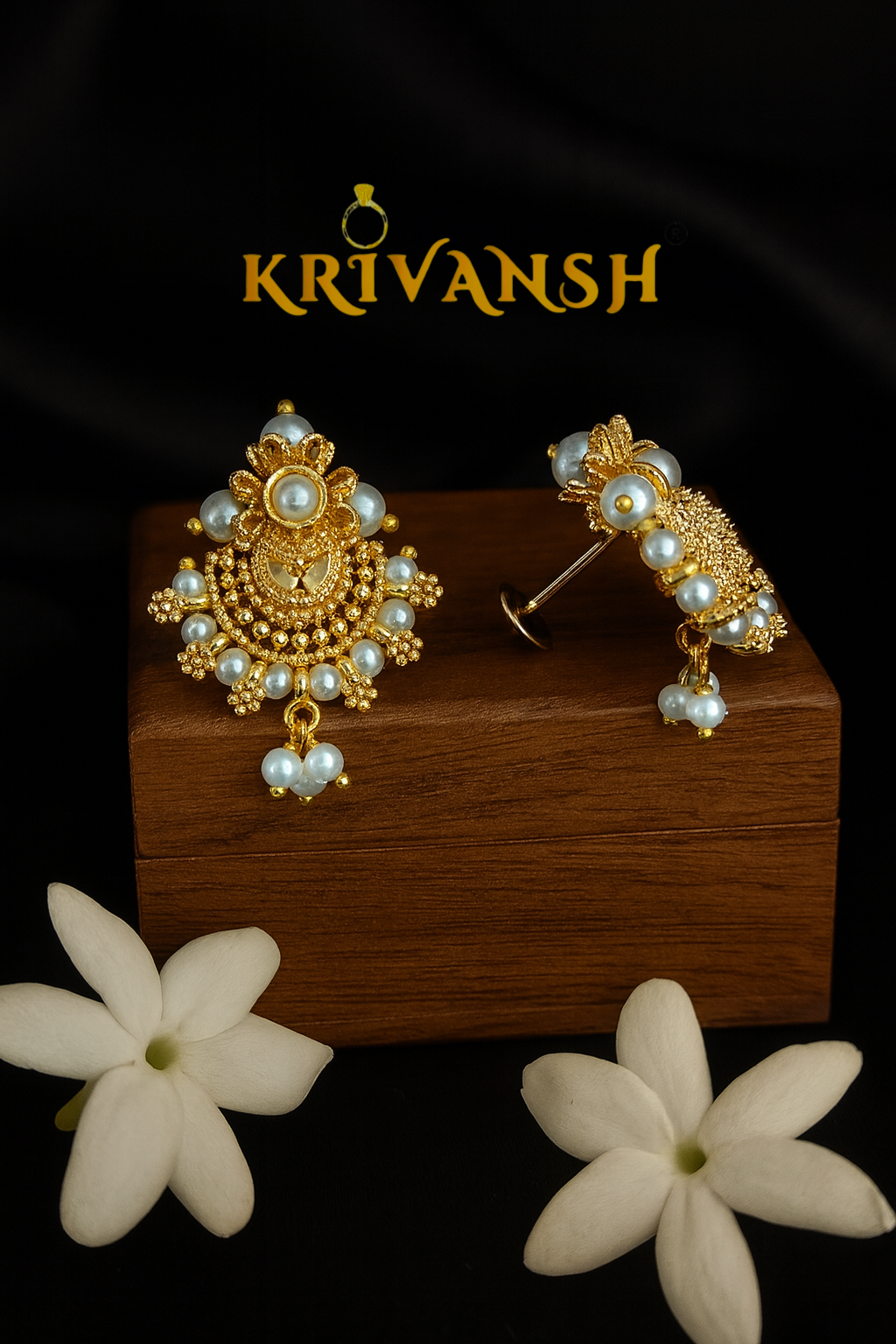 Pearl Stud Earrings | 1 Gram Gold Plated | South Indian Screw Back | KRIVANSH