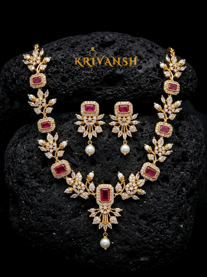 Pink AD Stone Necklace Set | Gold Plated AD Stone Jewelry for Women