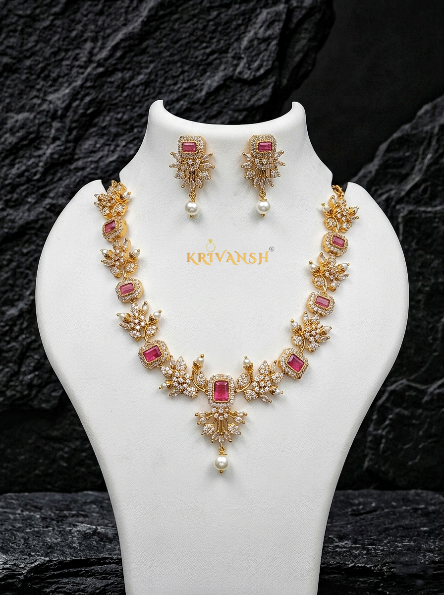 Pink AD Stone Necklace Set | Gold Plated AD Stone Jewelry for Women