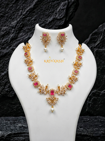 Pink AD Stone Necklace Set | Gold Plated AD Stone Jewelry for Women