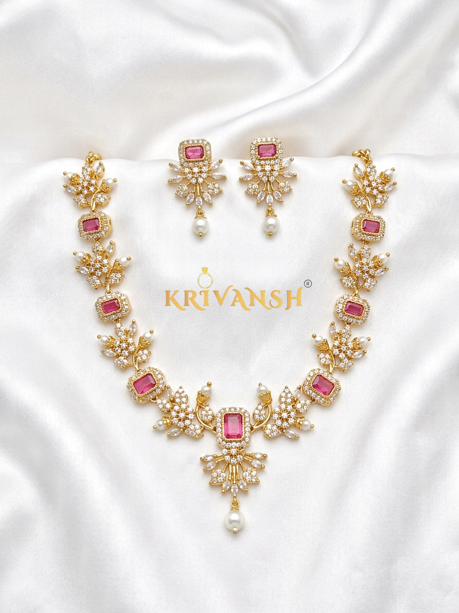 Pink AD Stone Necklace Set | Gold Plated AD Stone Jewelry for Women