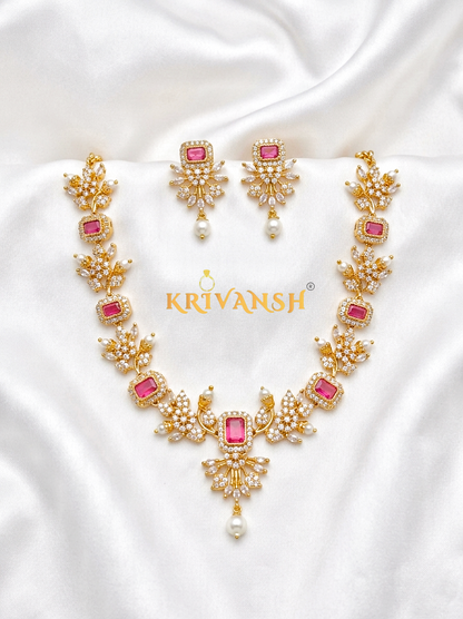 Pink AD Stone Necklace Set | Gold Plated AD Stone Jewelry for Women