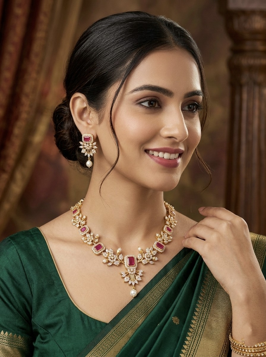 Pink AD Stone Necklace Set | Gold Plated AD Stone Jewelry for Women