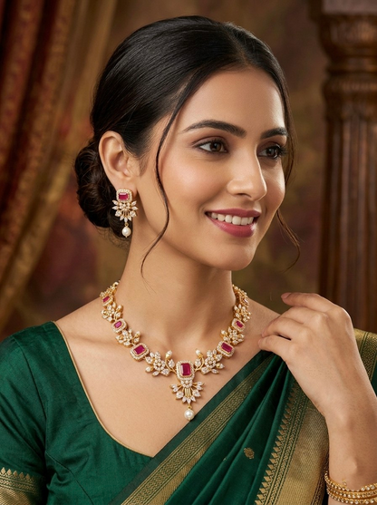 Pink AD Stone Necklace Set | Gold Plated AD Stone Jewelry for Women