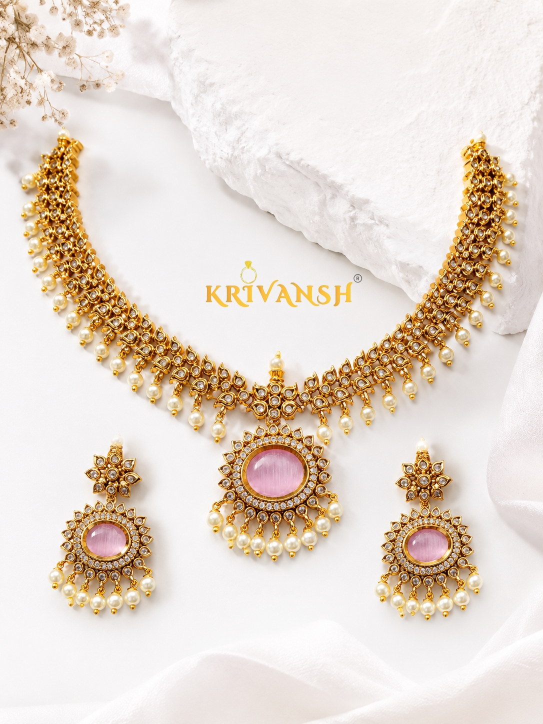 Royal Peach Noor Necklace Set –  AD Stone & Pearl Bridal Jewellery | KRIVANSH