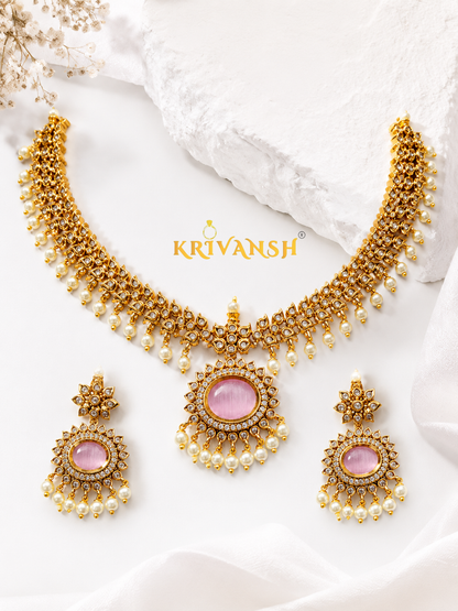 Royal Peach Noor Necklace Set –  AD Stone & Pearl Bridal Jewellery | KRIVANSH