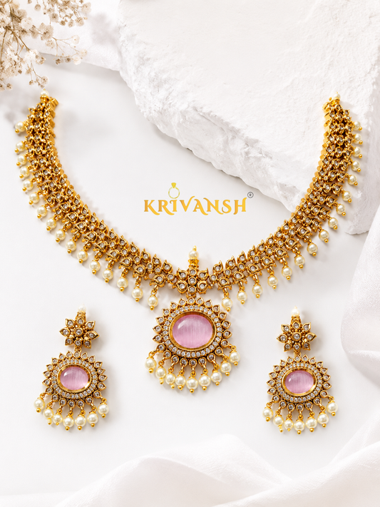 Royal Peach Noor Necklace Set –  AD Stone & Pearl Bridal Jewellery | KRIVANSH