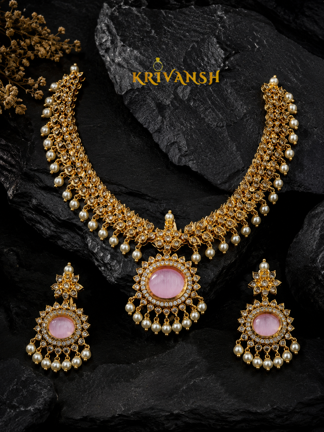 Royal Peach Noor Necklace Set –  AD Stone & Pearl Bridal Jewellery | KRIVANSH