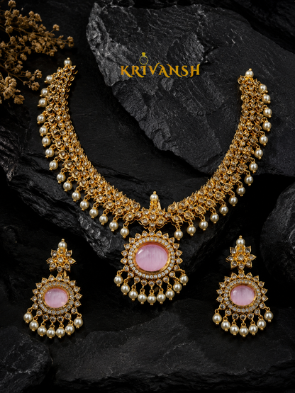 Royal Peach Noor Necklace Set –  AD Stone & Pearl Bridal Jewellery | KRIVANSH