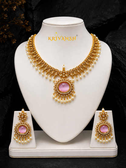 Royal Peach Noor Necklace Set –  AD Stone & Pearl Bridal Jewellery | KRIVANSH