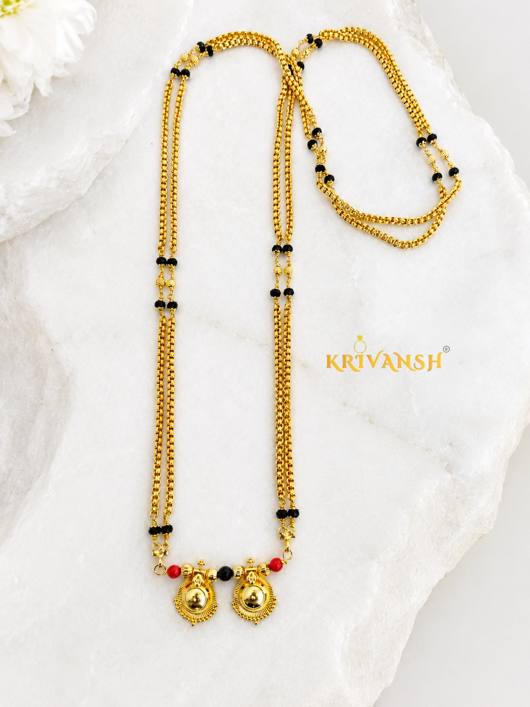 Gozler Double Layer Long Mangalsutra | Handcrafted 1gm Gold Plated | Black Crystal | KRIVANSH