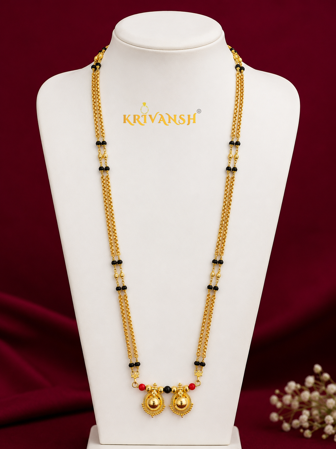 Gozler Double Layer Long Mangalsutra | Handcrafted 1gm Gold Plated | Black Crystal | KRIVANSH
