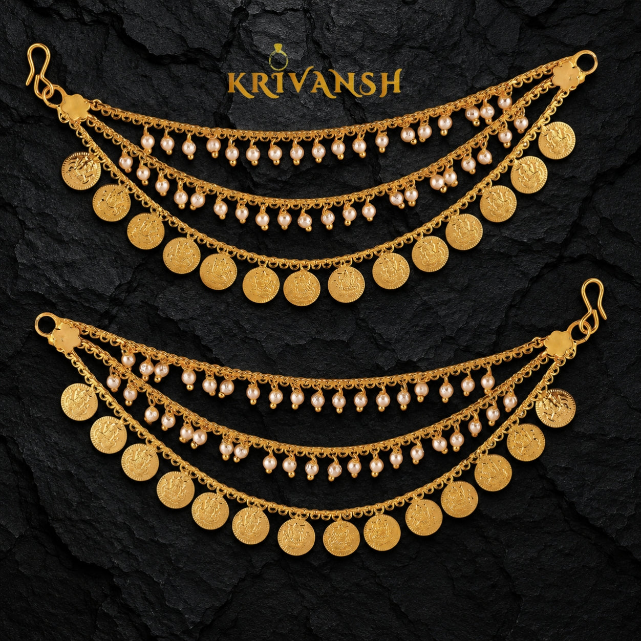 3-Layered Pearl Laxmidevi Coin Ear Chain Mattal | Gold-Plated Bridal Earrings | KRIVANSH