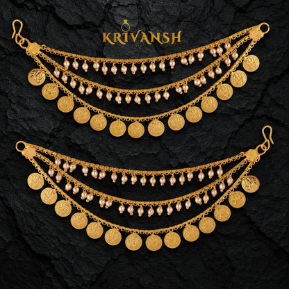3-Layered Pearl Laxmidevi Coin Ear Chain Mattal | Gold-Plated Bridal Earrings | KRIVANSH