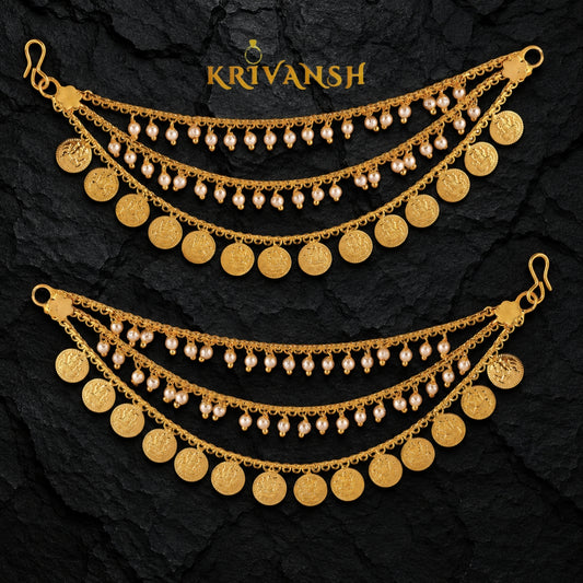 3-Layered Pearl Laxmidevi Coin Ear Chain Mattal | Gold-Plated Bridal Earrings | KRIVANSH