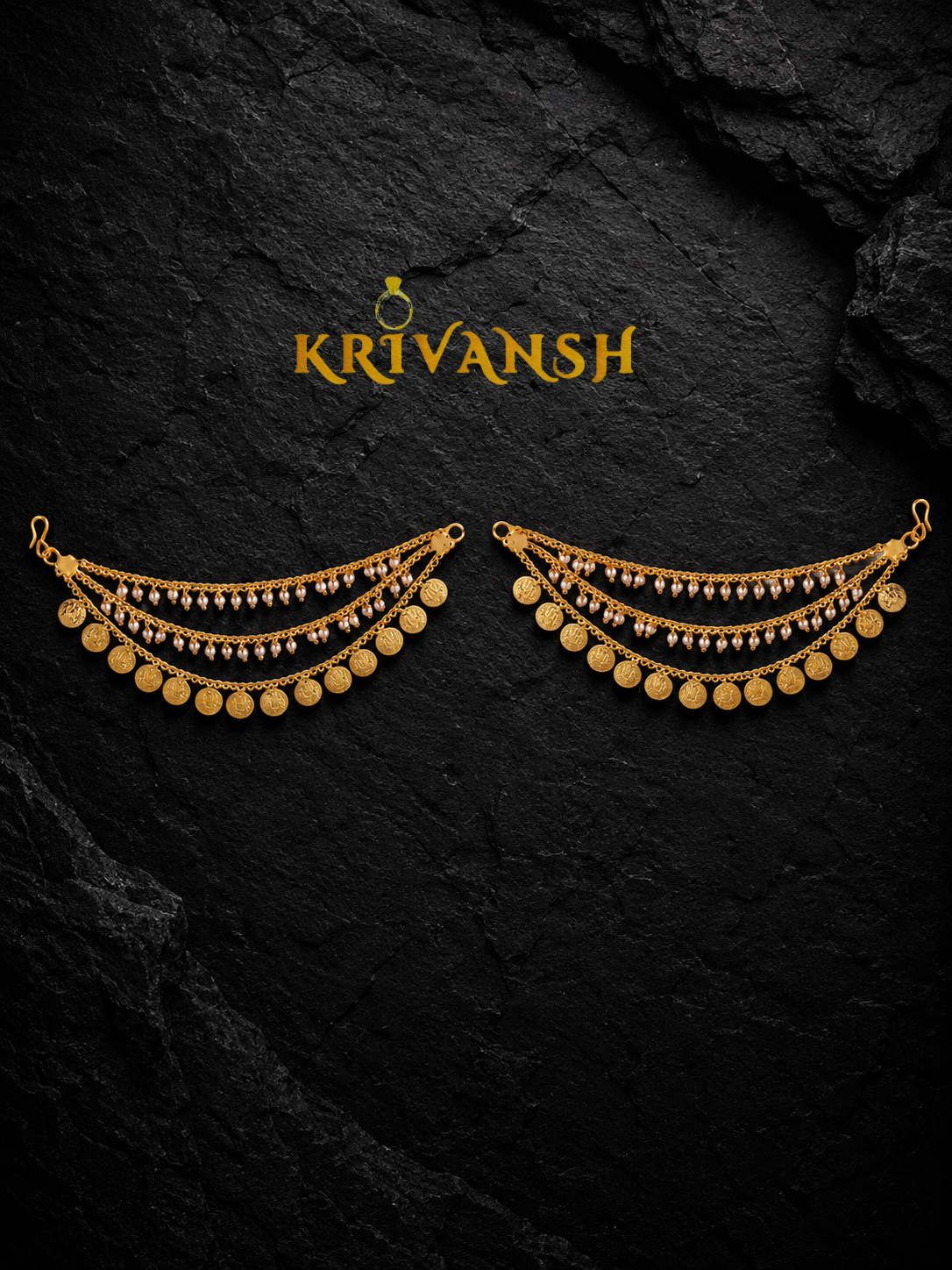 3-Layered Pearl Laxmidevi Coin Ear Chain Mattal | Gold-Plated Bridal Earrings | KRIVANSH