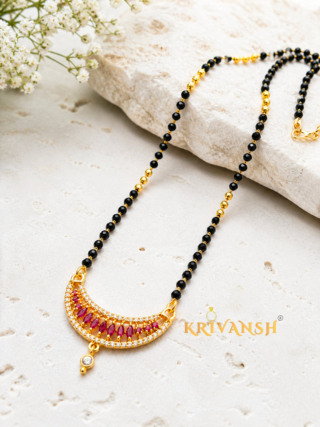Pink CZ Stone Short Mangalsutra | 18" Gold-Plated | KRIVANSH