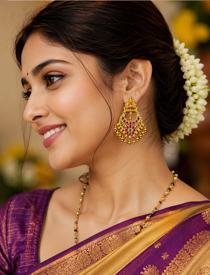Rajeshwari Heritage Chandbali Earrings | 1gm Gold Plated | AD & Pearl Festive Jewellery