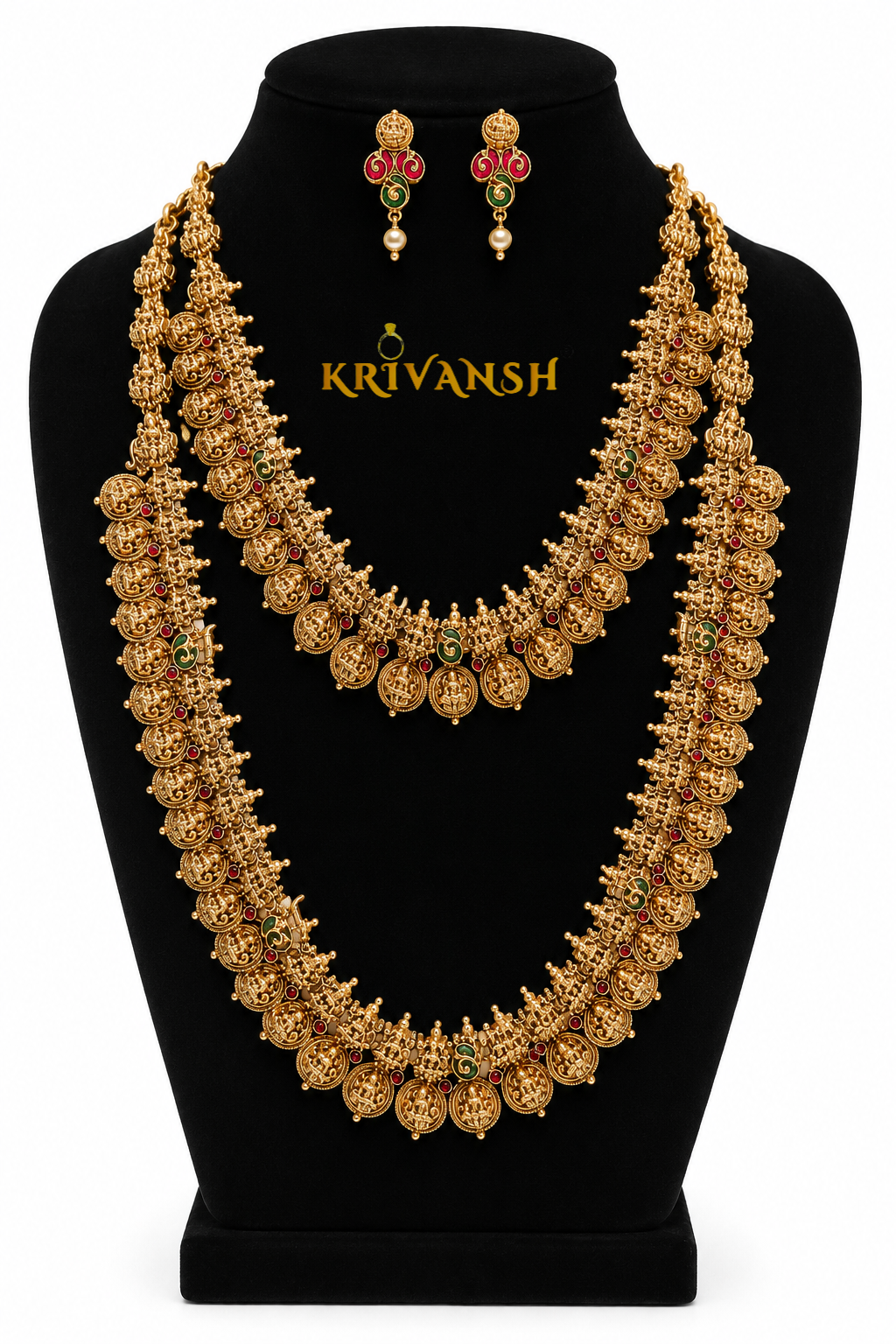 Matte Gold Plated Laxmi Coin LongHar Combo Set | KRIVANSH