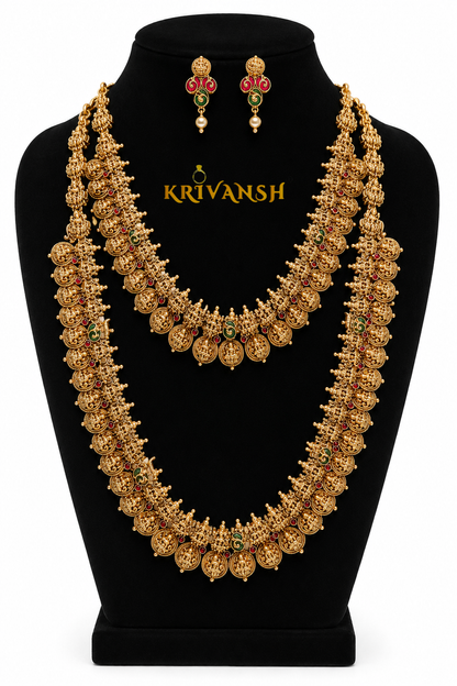Matte Gold Plated Laxmi Coin LongHar Combo Set | KRIVANSH