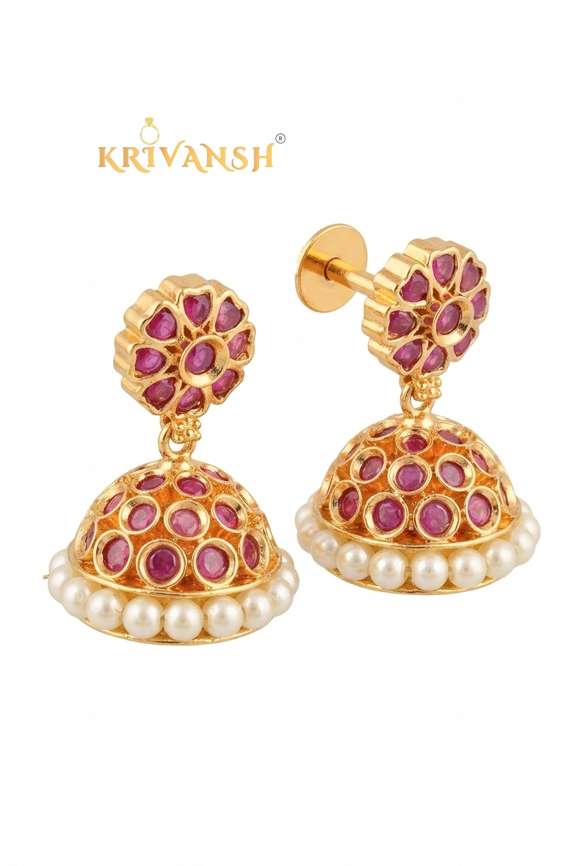 Pink Uncut Stone Jhumki Earrings | KRIVANSH