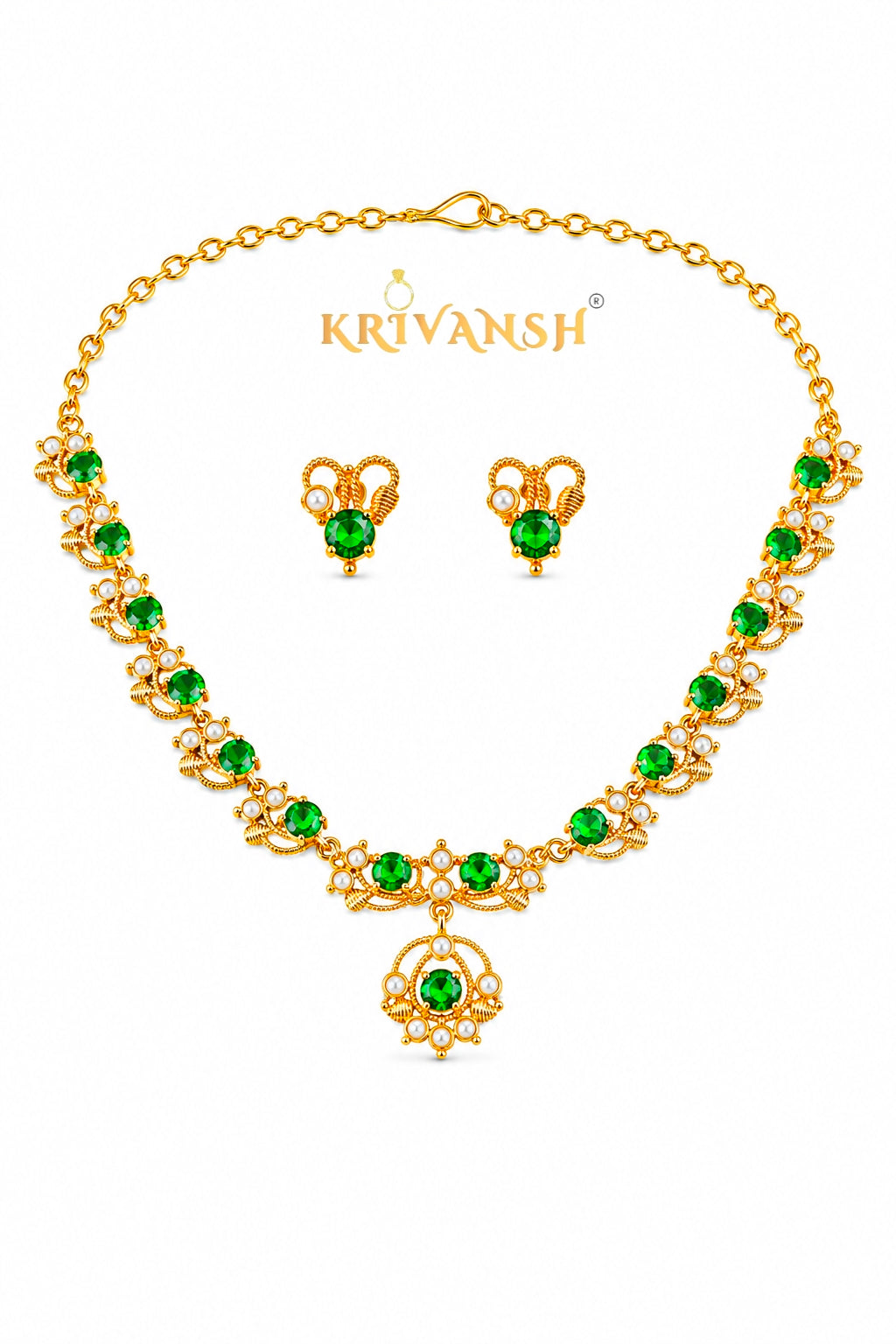Green AD stones Kamakshi Necklace Set | KRIVANSH
