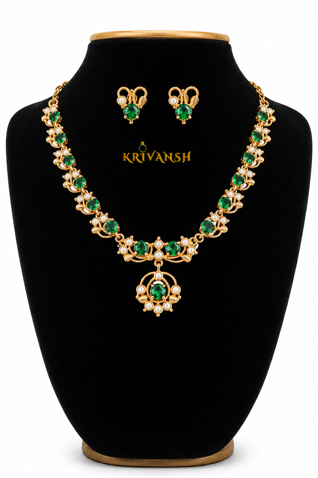 Green AD stones Kamakshi Necklace Set | KRIVANSH