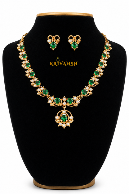 Green AD stones Kamakshi Necklace Set | KRIVANSH