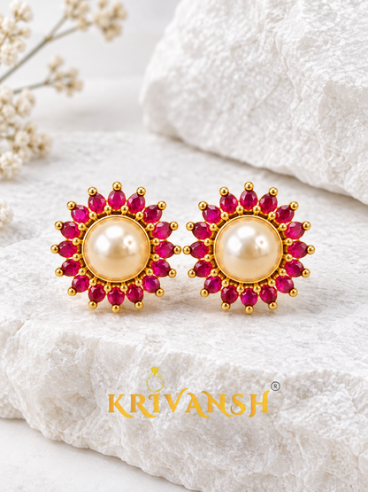 Unique Pink Ruby with Pearl Stud | Screw Type | KRIVANSH