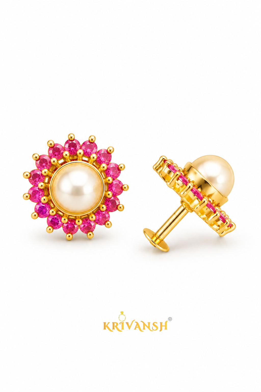 Unique Pink Ruby with Pearl Stud | Screw Type | KRIVANSH