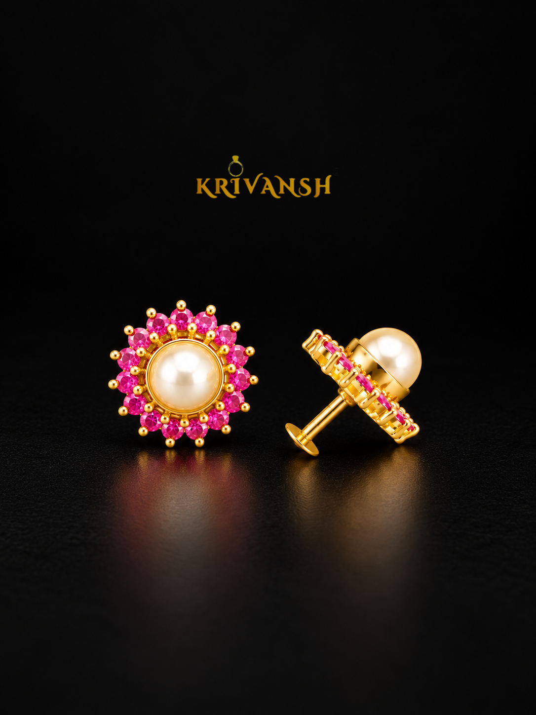 Unique Pink Ruby with Pearl Stud | Screw Type | KRIVANSH