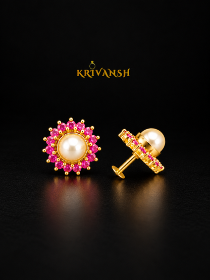Unique Pink Ruby with Pearl Stud | Screw Type | KRIVANSH