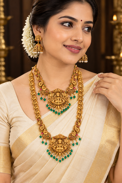 Premium Matte Gold Plated Long Haram Necklace ComboSet | KRIVANSH