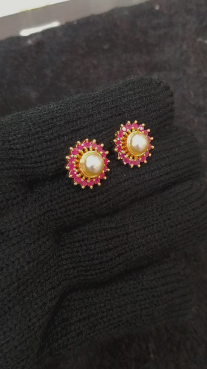 Unique Pink Ruby with Pearl Stud | Screw Type | KRIVANSH